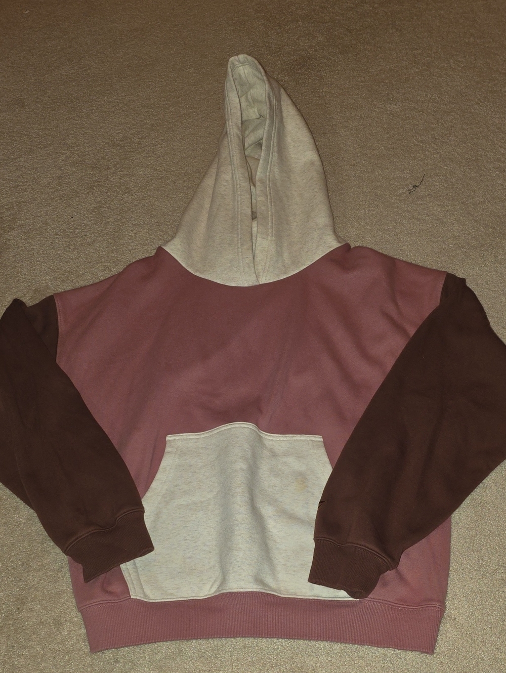 Fabletics Colorblock Hooded Sweatshirt- Mauve Pink & Cream with burgundy sleeves